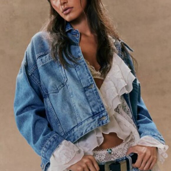 Free People We The Free Opal Swing Denim Jacket Blue MED - Picture 3 of 8